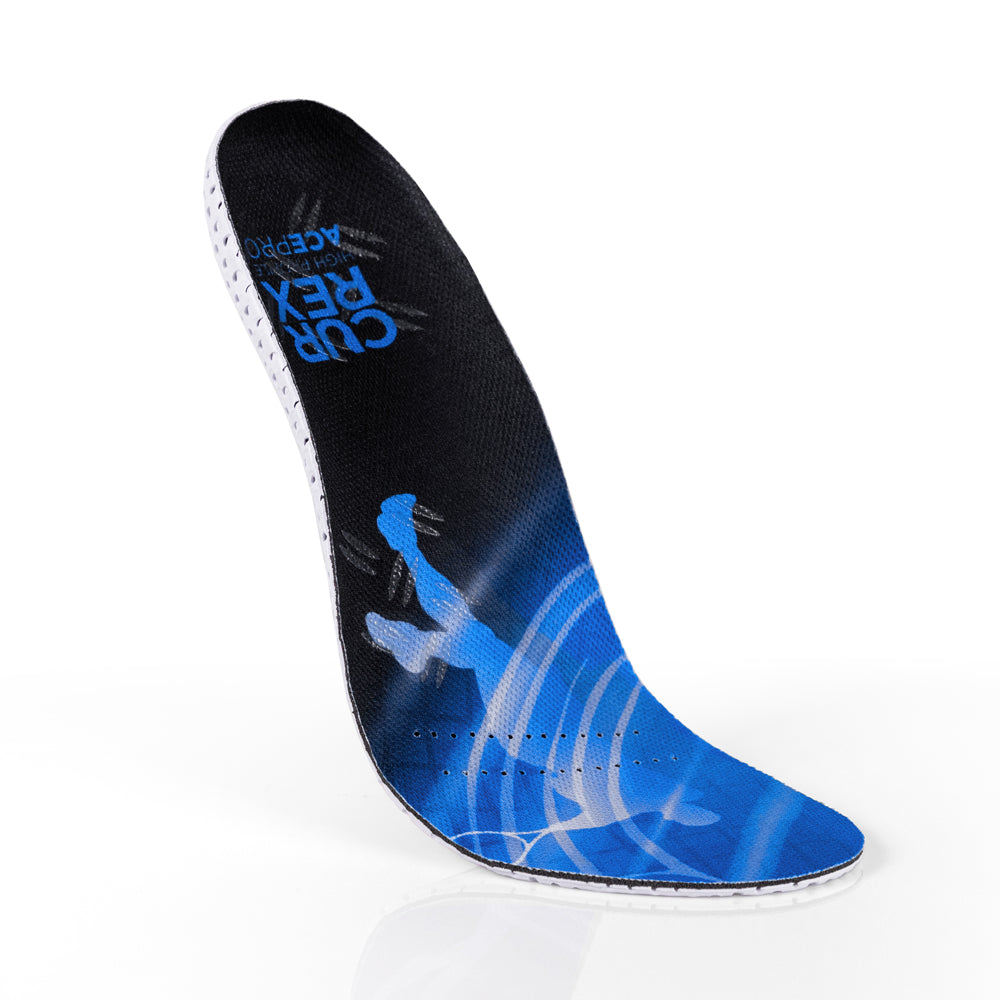 Floating top view of blue colored ACEPRO high profile insoles with white, orange, and blue base #1-wahle-dein-profil_high
