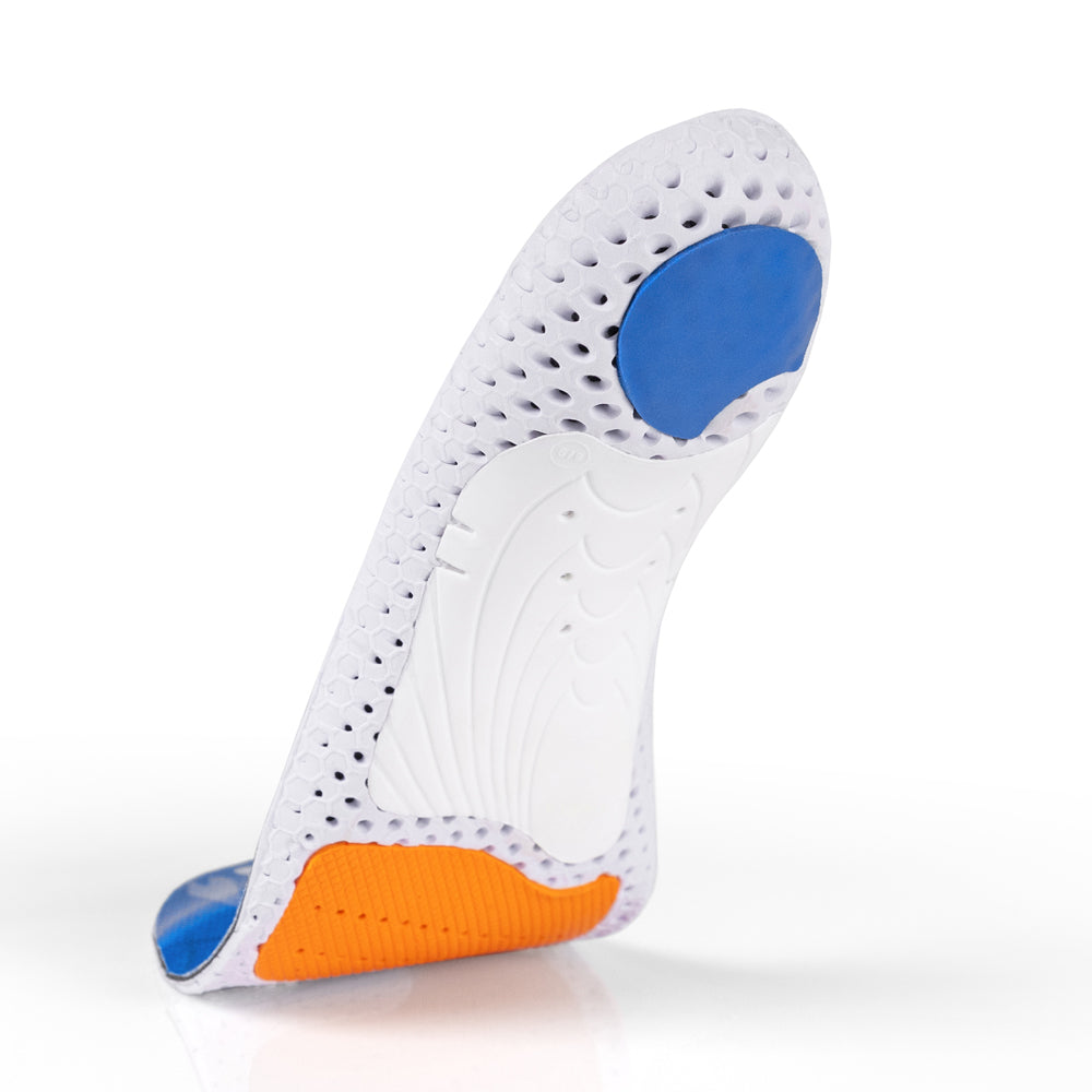 Floating base view of ACEPRO high profile insoles with white arch support, blue heel pad, orange forefoot cushioning pad, white, orange, and blue base #1-wahle-dein-profil_high