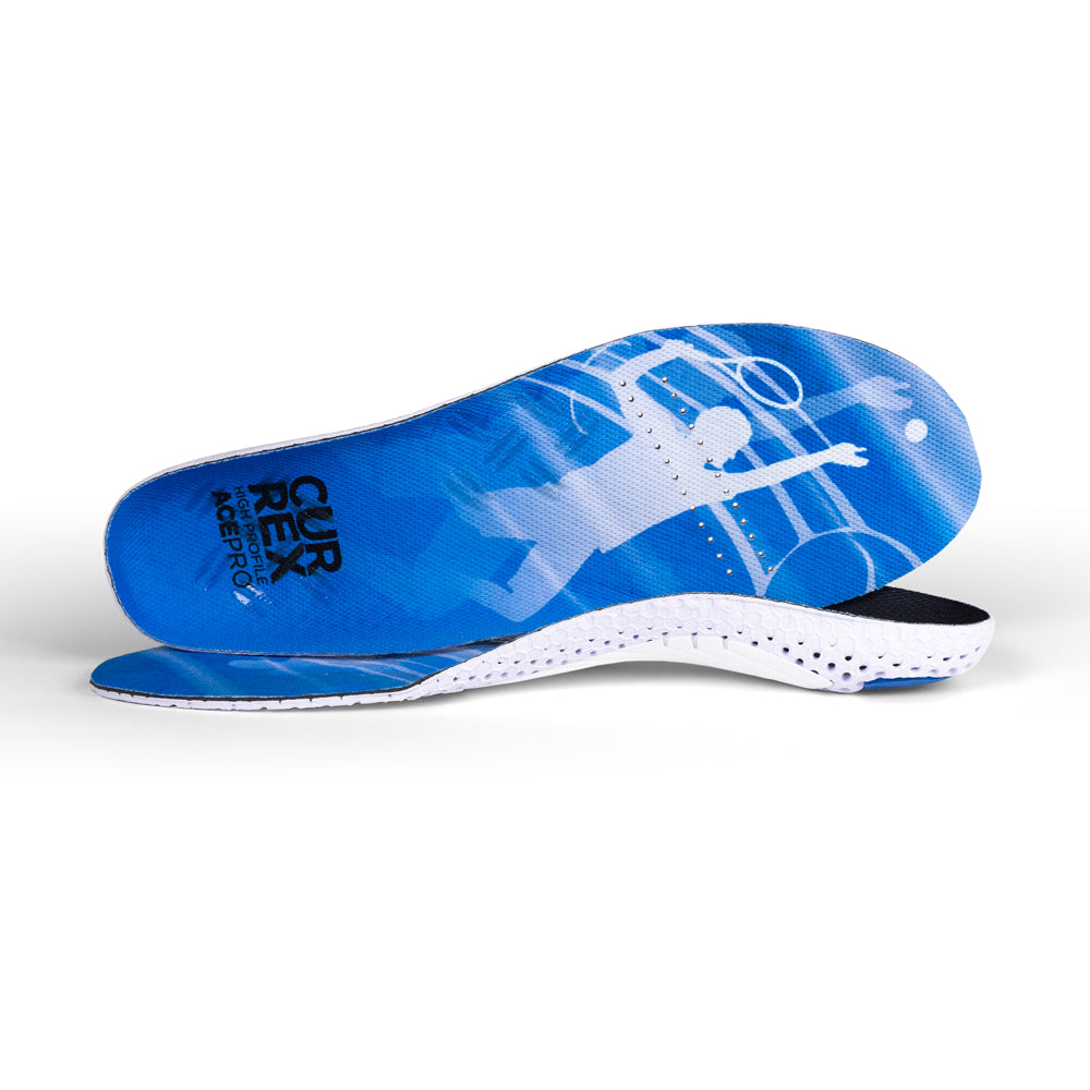 View of pair of blue high profile ACEPRO insoles, one standing on side to show top of insole, second insole set in front showing its profile while toe is facing opposite direction #1-wahle-dein-profil_high
