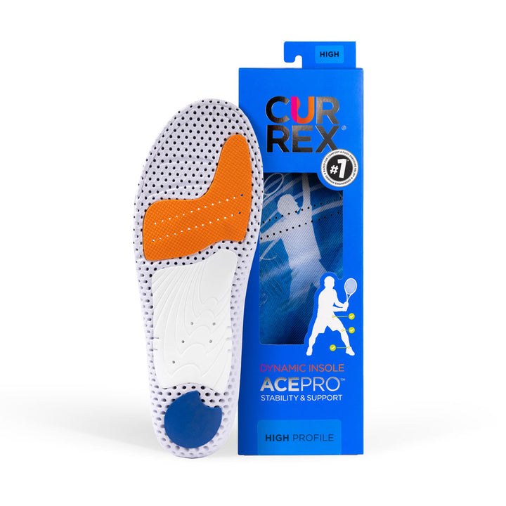 CURREX ACEPRO insole with white, orange, and blue base next to black box with blue insole inside #1-wahle-dein-profil_high