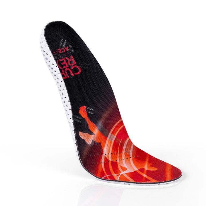 Floating top view of red colored ACEPRO low profile insoles with white, orange, and blue base #1-wahle-dein-profil_low
