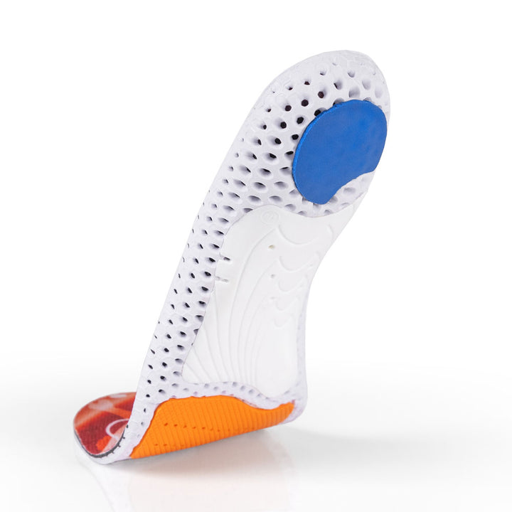 Floating base view of ACEPRO low profile insoles with white arch support, blue heel pad, orange forefoot cushioning pad, white, orange, and blue base #1-wahle-dein-profil_low