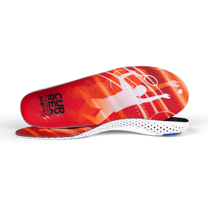 View of pair of red low profile ACEPRO insoles, one standing on side to show top of insole, second insole set in front showing its profile while toe is facing opposite direction #1-wahle-dein-profil_low