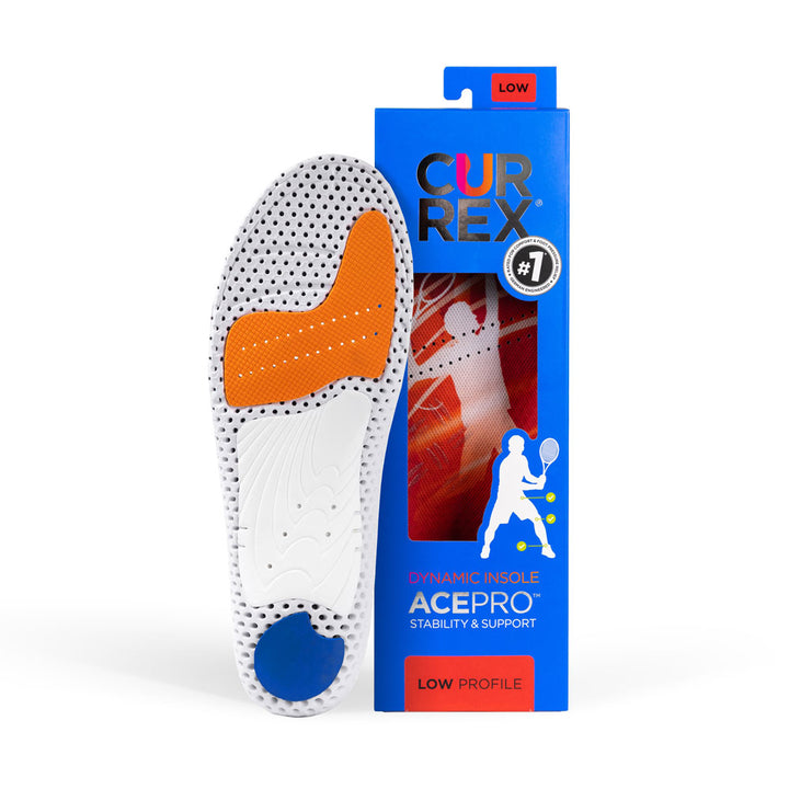 CURREX ACEPRO insole with white, orange, and blue base next to black box with red insole inside #1-wahle-dein-profil_low