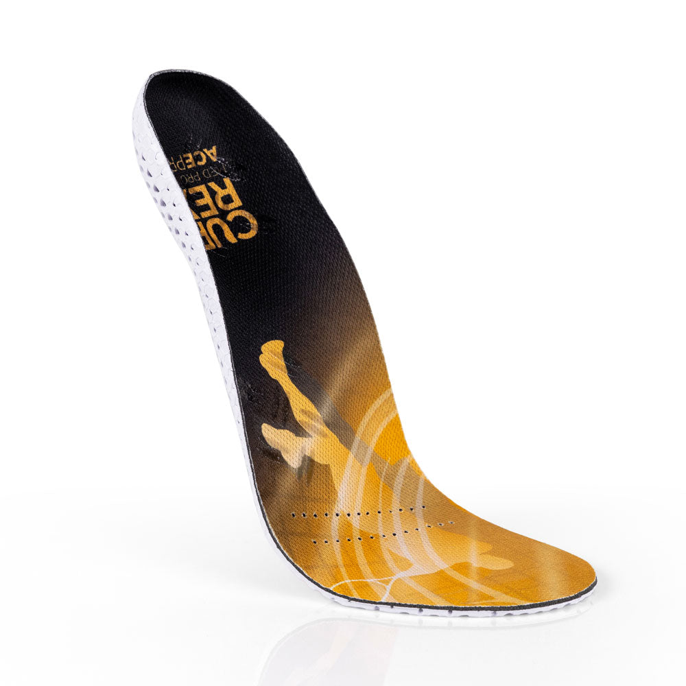 Floating top view of yellow colored ACEPRO medium profile insoles with white, orange, and blue base #1-wahle-dein-profil_med