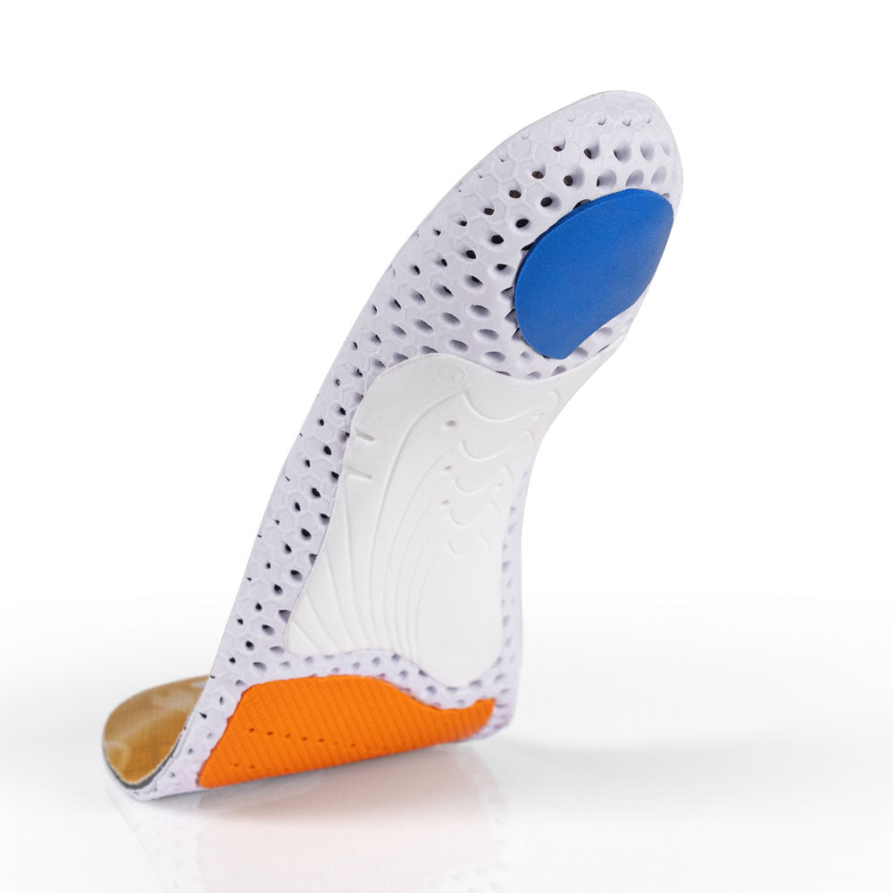 Floating base view of ACEPRO medium profile insoles with white arch support, blue heel pad, orange forefoot cushioning pad, white, orange, and blue base #1-wahle-dein-profil_med