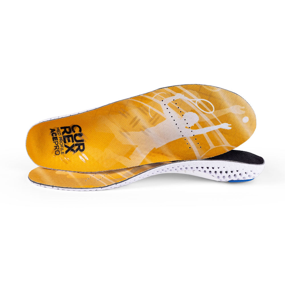 View of pair of yellow medium profile ACEPRO insoles, one standing on side to show top of insole, second insole set in front showing its profile while toe is facing opposite direction #1-wahle-dein-profil_med