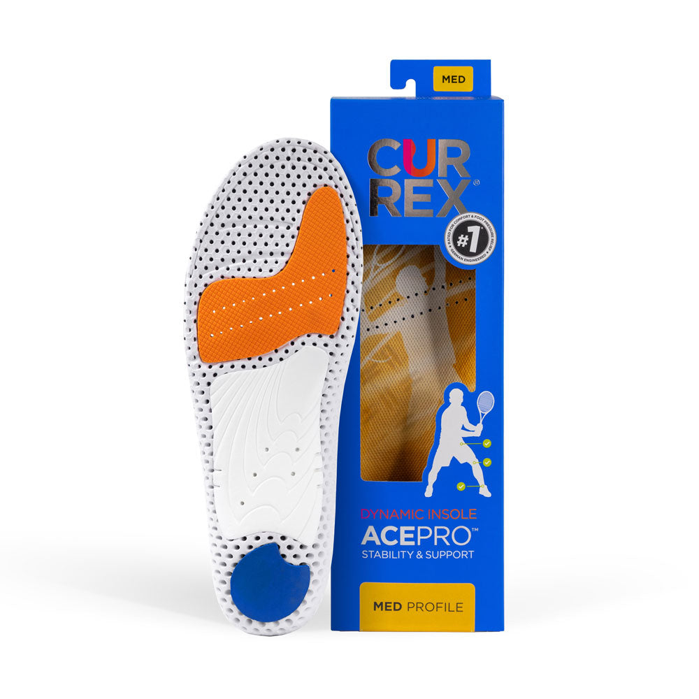 CURREX ACEPRO insole with white, orange, and blue base next to black box with yellow insole inside #1-wahle-dein-profil_med