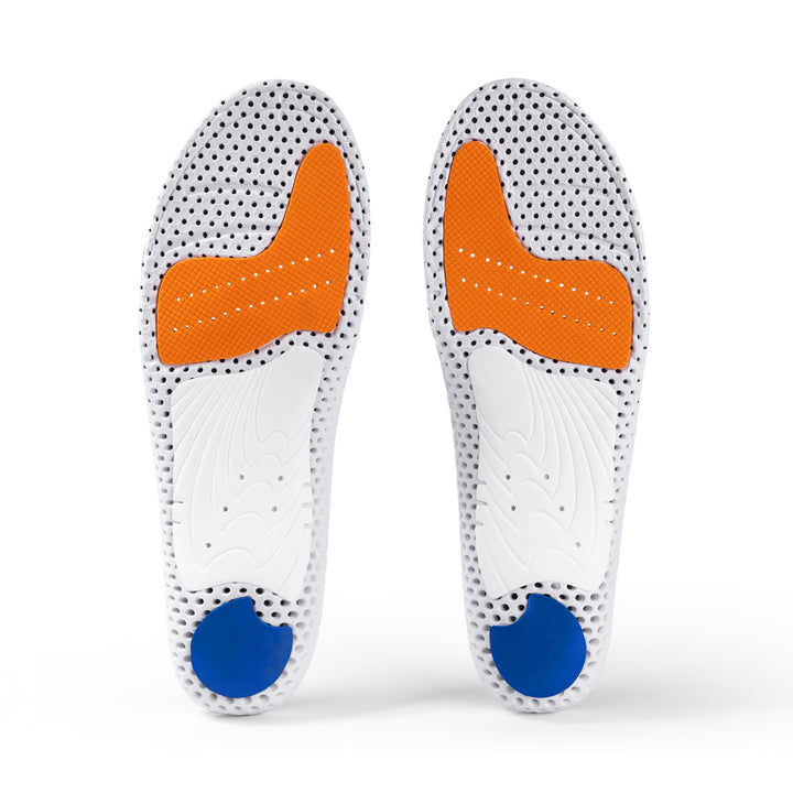Base view of ACEPRO high profile insole pair with white arch support, blue heel pad, orange forefoot cushioning pad, white, orange, and blue base #1-wahle-dein-profil_high