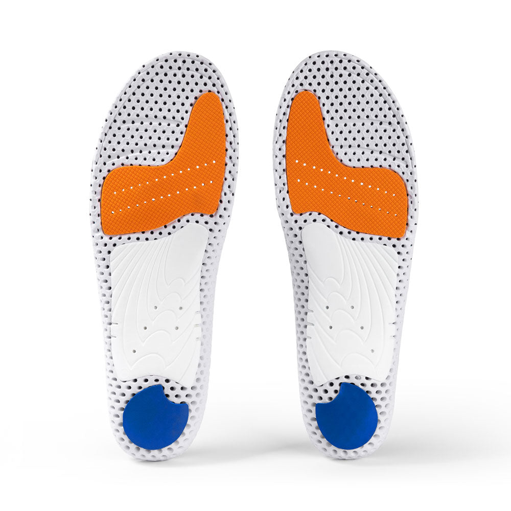 Base view of ACEPRO low profile insole pair with white arch support, blue heel pad, orange forefoot cushioning pad, white, orange, and blue base #1-wahle-dein-profil_low