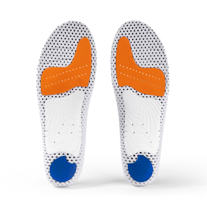 Base view of ACEPRO low profile insole pair with white arch support, blue heel pad, orange forefoot cushioning pad, white, orange, and blue base #1-wahle-dein-profil_low