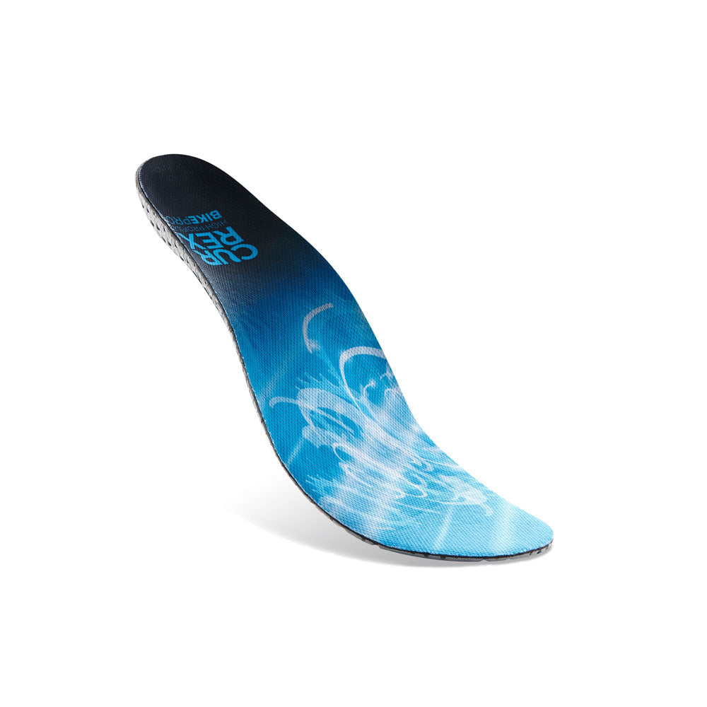 Floating top view of blue colored BIKEPRO high profile insoles with gray, red and black base #1-wahle-dein-profil_high