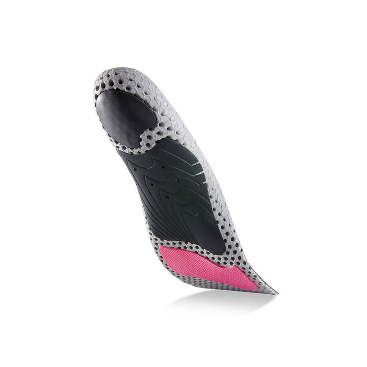 Floating base view of BIKEPRO high profile insoles with black arch support, black heel pad, red forefoot cushioning pad, gray, red and black base #1-wahle-dein-profil_high
