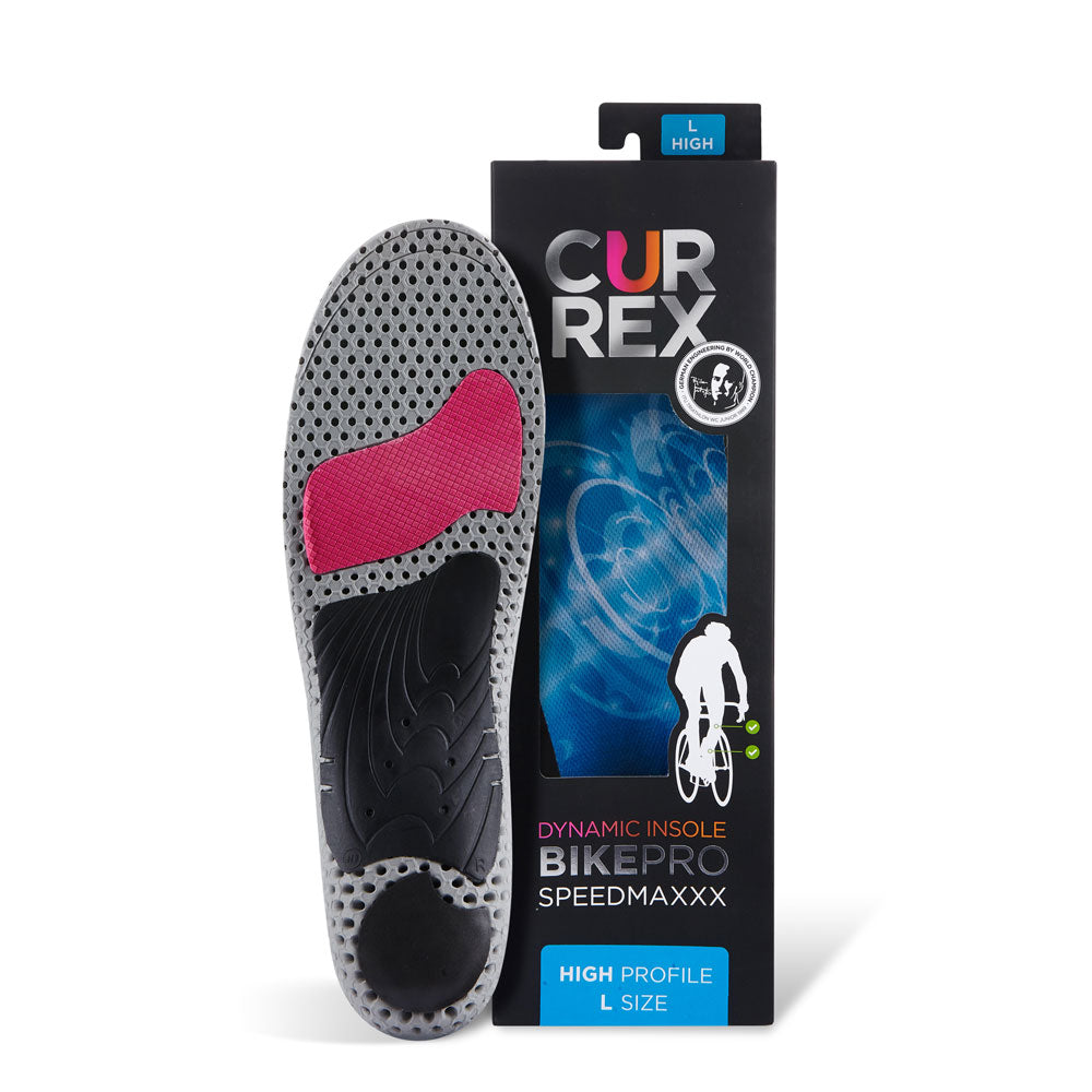 CURREX BIKEPRO insole with gray, red and black base next to black box with blue insole inside #1-wahle-dein-profil_high