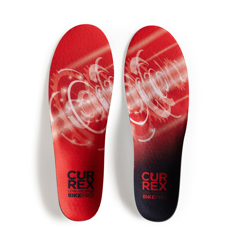 Top view of red colored BIKEPRO low profile pair of insoles #1-wahle-dein-profil_low
