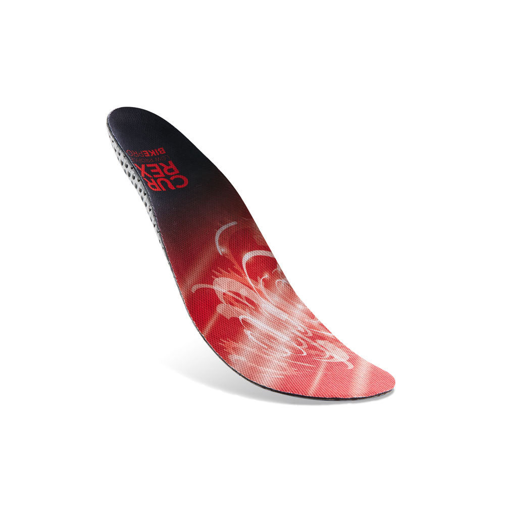 Floating top view of red colored BIKEPRO low profile insoles with gray, red and black base #1-wahle-dein-profil_low