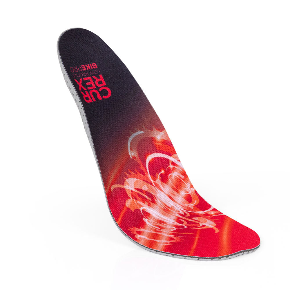 Floating top view of red colored BIKEPRO low profile insoles with gray, red and black base #1-wahle-dein-profil_low