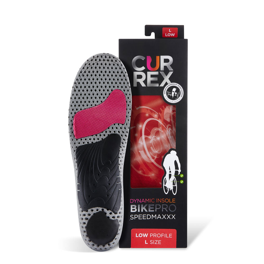 CURREX BIKEPRO insole with gray, red and black base next to black box with red insole inside #1-wahle-dein-profil_low