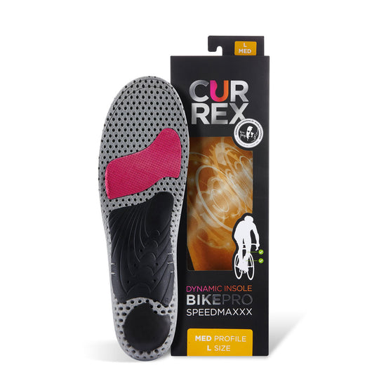 CURREX BIKEPRO insole with gray, red and black base next to black box with yellow insole inside #1-wahle-dein-profil_med