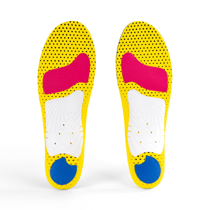 Base view of CLEATPRO high profile insole pair with white arch support, blue heel pad, red forefoot cushioning pad, yellow, red, white, and blue base #1-wahle-dein-profil_high