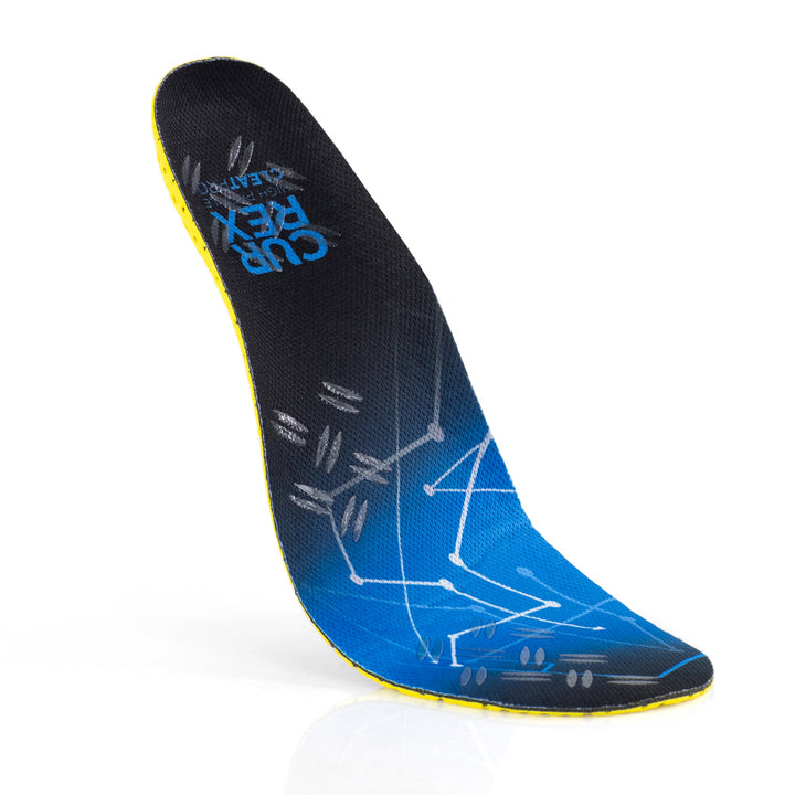 Floating top view of blue colored CLEATPRO high profile insoles with yellow, red, white, and blue base #1-wahle-dein-profil_high