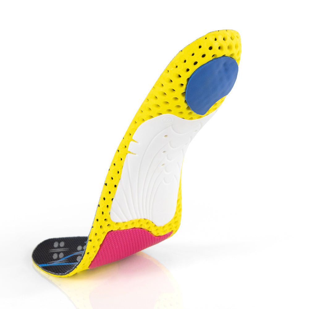 Floating base view of CLEATPRO high profile insoles with white arch support, blue heel pad, red forefoot cushioning pad, yellow, red, white, and blue base #1-wahle-dein-profil_high