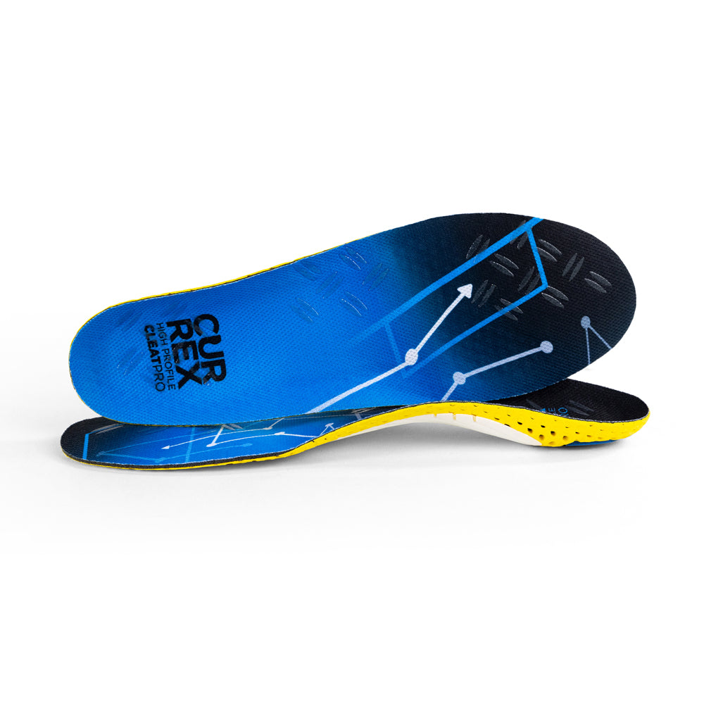 View of pair of blue high profile CLEATPRO insoles, one standing on side to show top of insole, second insole set in front showing its profile while toe is facing opposite direction #1-wahle-dein-profil_high