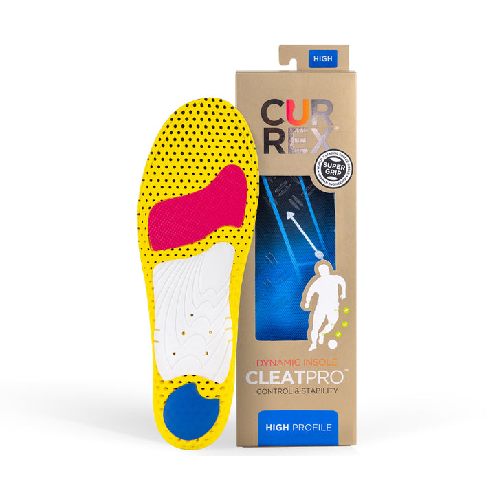 CURREX CLEATPRO insole with yellow, red, white, and blue base next to light brown box with blue insole inside #1-wahle-dein-profil_high