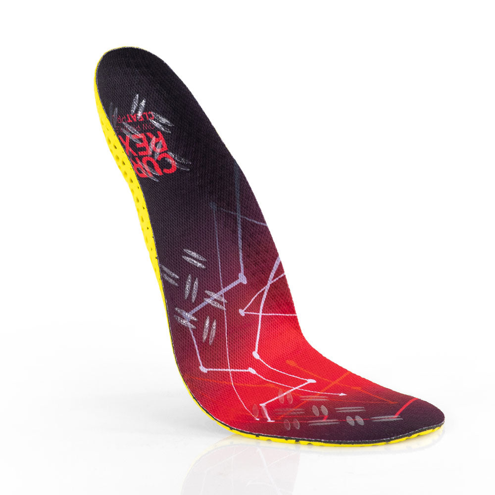 Floating top view of red colored CLEATPRO low profile insoles with yellow, red, white, and blue base #1-wahle-dein-profil_low