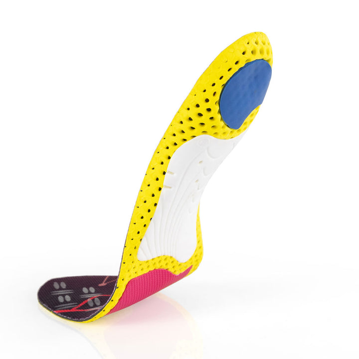 Floating base view of CLEATPRO low profile insoles with white arch support, blue heel pad, red forefoot cushioning pad, yellow, red, white, and blue base #1-wahle-dein-profil_low