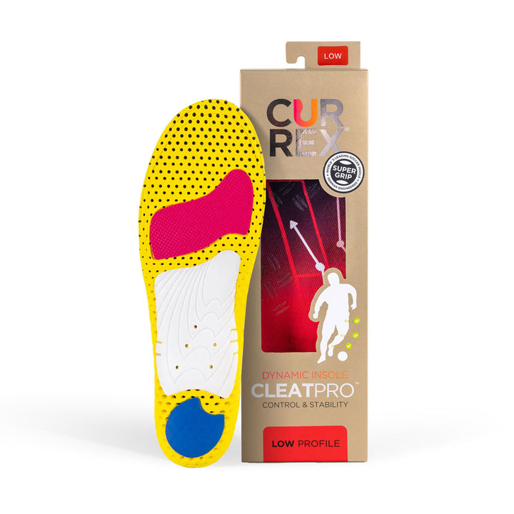 CURREX CLEATPRO insole with yellow, red, white, and blue base next to light brown box with red insole inside #1-wahle-dein-profil_low