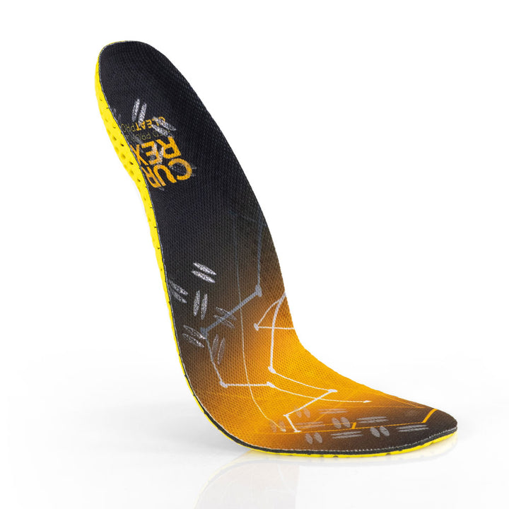 Floating top view of yellow colored CLEATPRO medium profile insoles with yellow, red, white, and blue base #1-wahle-dein-profil_med