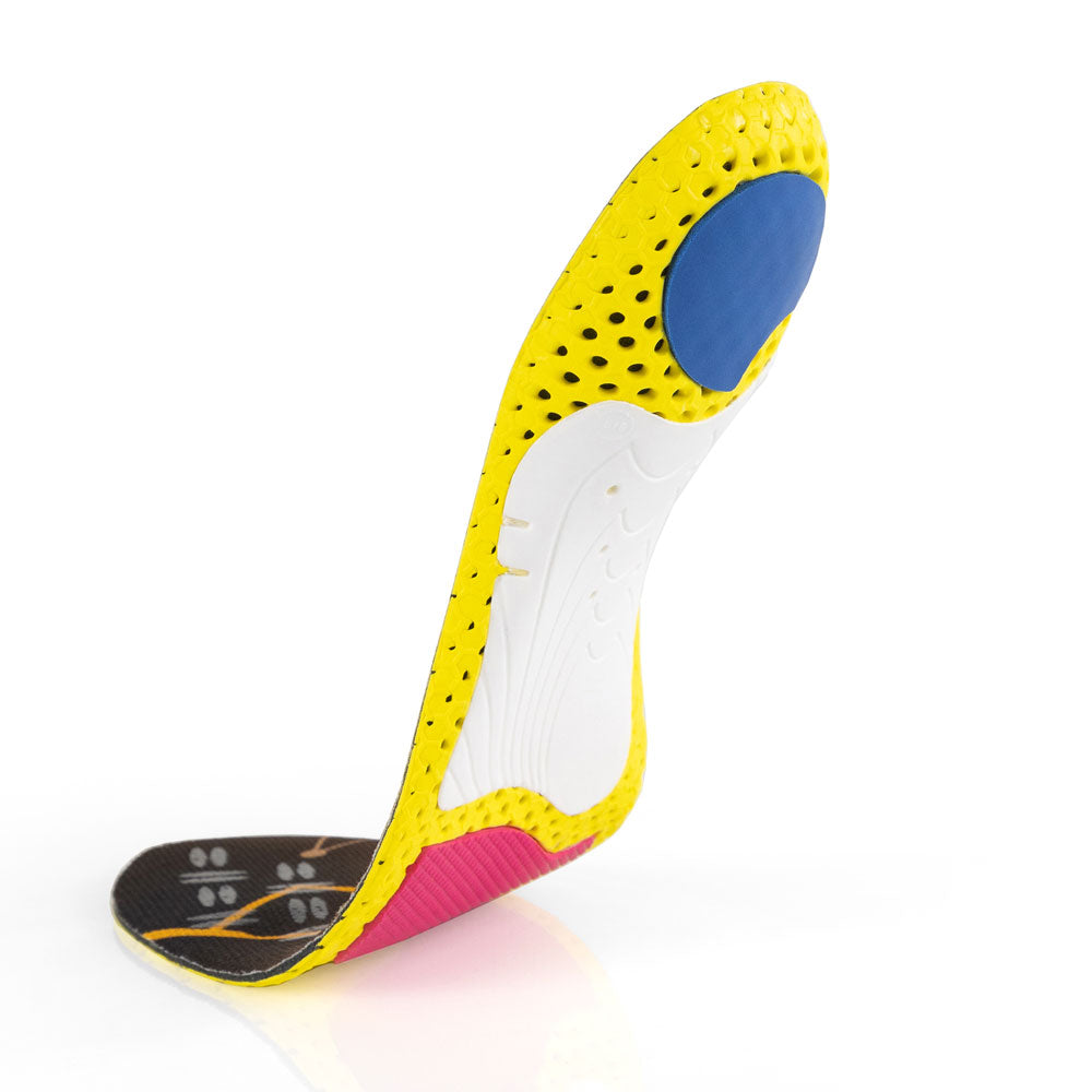 Floating base view of CLEATPRO medium profile insoles with white arch support, blue heel pad, red forefoot cushioning pad, yellow, red, white, and blue base #1-wahle-dein-profil_med