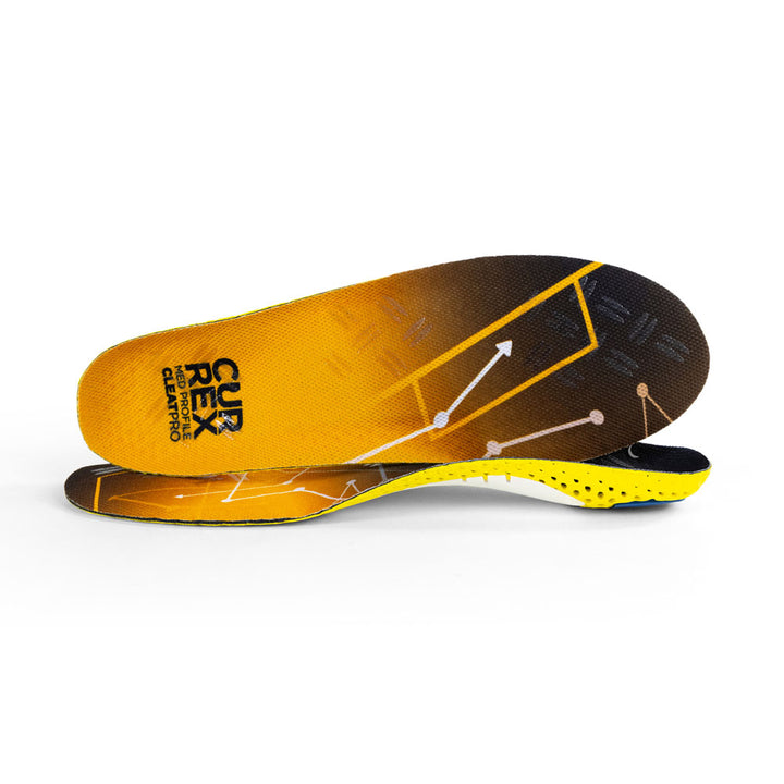 View of pair of yellow medium profile CLEATPRO insoles, one standing on side to show top of insole, second insole set in front showing its profile while toe is facing opposite direction #1-wahle-dein-profil_med