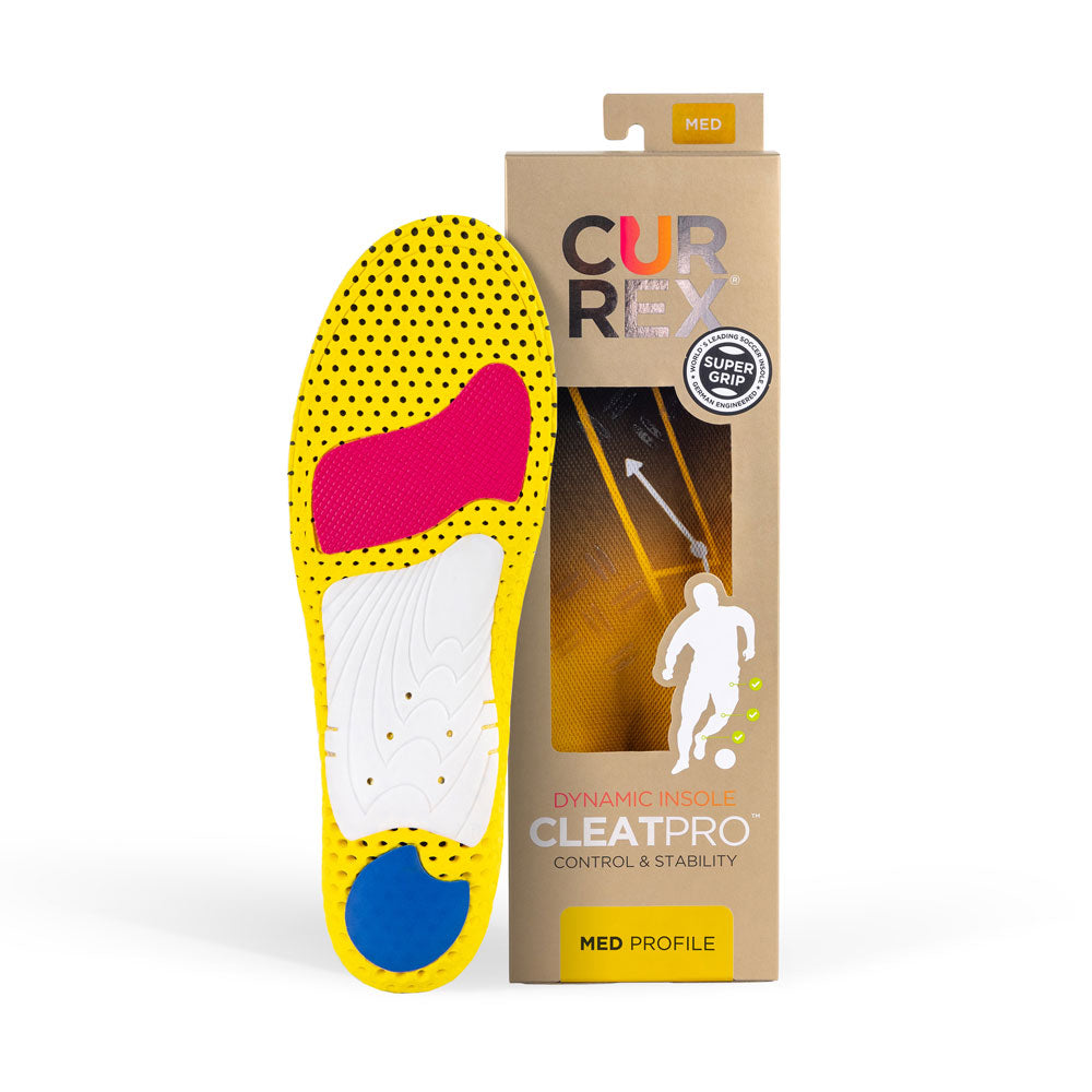 CURREX CLEATPRO insole with yellow, red, white, and blue base next to light brown box with yellow insole inside #1-wahle-dein-profil_med