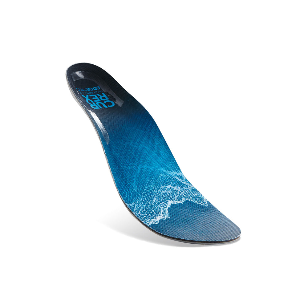 Floating top view of blue colored EDGEPRO high profile insoles with gray, red and black base #1-wahle-dein-profil_high