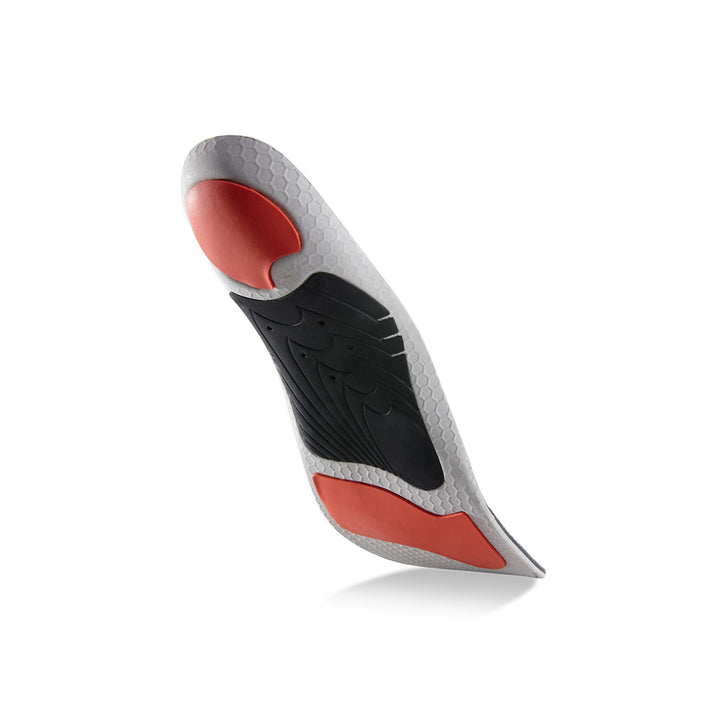 Floating base view of EDGEPRO high profile insoles with black arch support, red heel pad, red forefoot cushioning pad, gray, red and black base #1-wahle-dein-profil_high