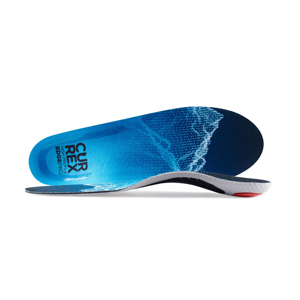 View of pair of blue high profile EDGEPRO insoles, one standing on side to show top of insole, second insole set in front showing its profile while toe is facing opposite direction #1-wahle-dein-profil_high
