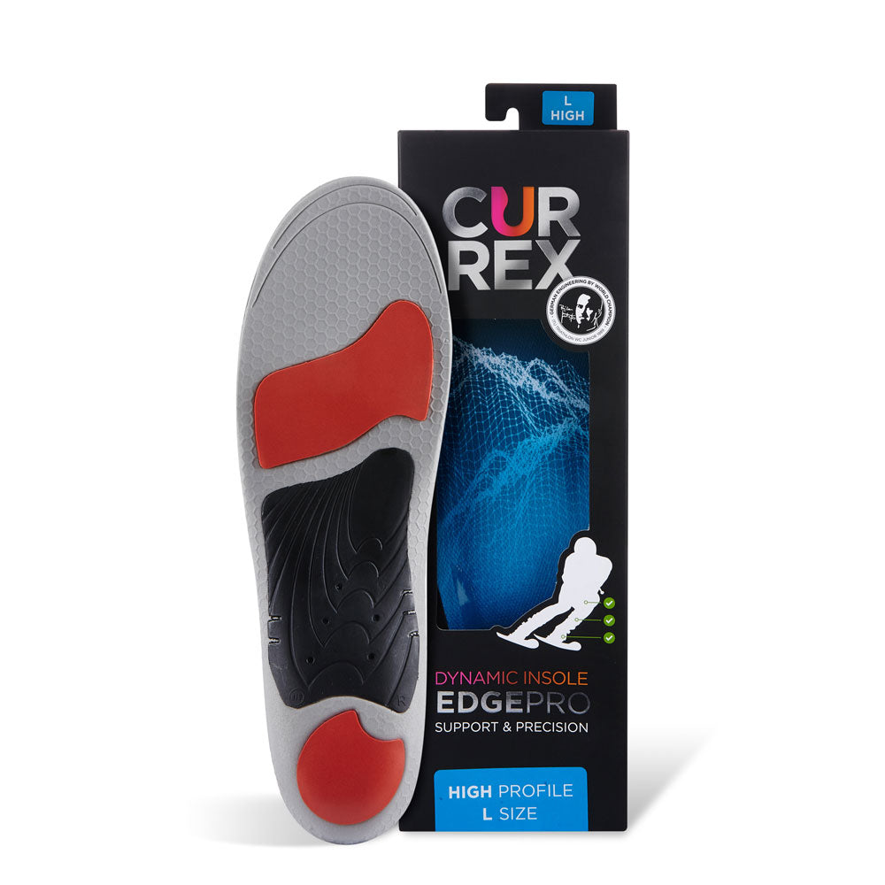 CURREX EDGEPRO insole with gray, red and black base next to black box with blue insole inside #1-wahle-dein-profil_high