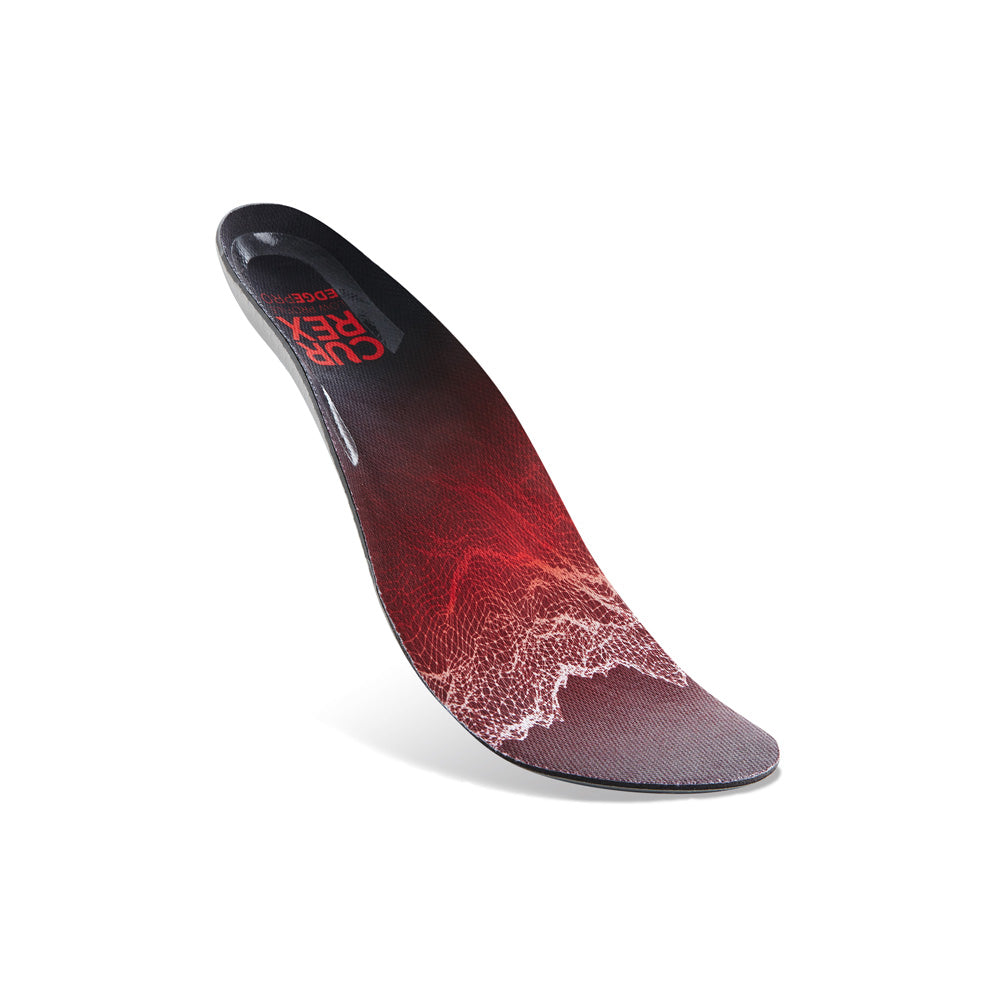 Floating top view of red colored EDGEPRO low profile insoles with gray, red and black base #1-wahle-dein-profil_low