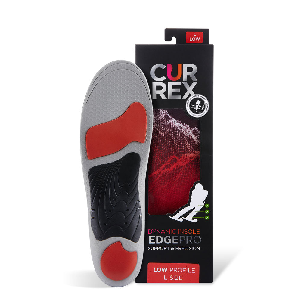 CURREX EDGEPRO insole with gray, red and black base next to black box with red insole inside #1-wahle-dein-profil_low