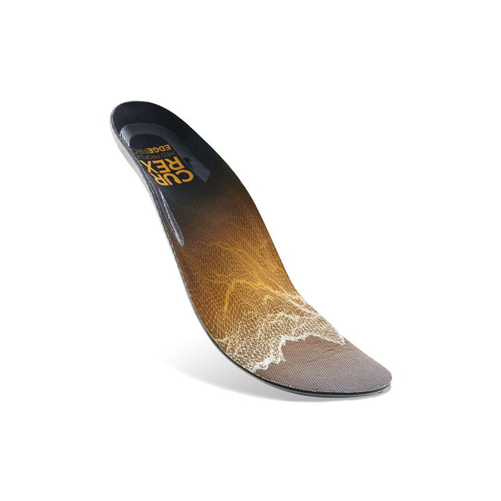 Floating top view of yellow colored EDGEPRO medium profile insoles with gray, red and black base #1-wahle-dein-profil_med