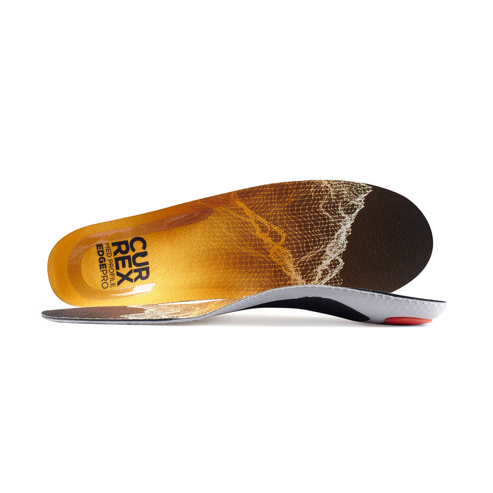 View of pair of yellow medium profile EDGEPRO insoles, one standing on side to show top of insole, second insole set in front showing its profile while toe is facing opposite direction #1-wahle-dein-profil_med