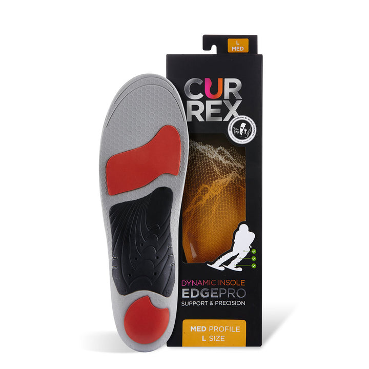 CURREX EDGEPRO insole with gray, red and black base next to black box with yellow insole inside #1-wahle-dein-profil_med