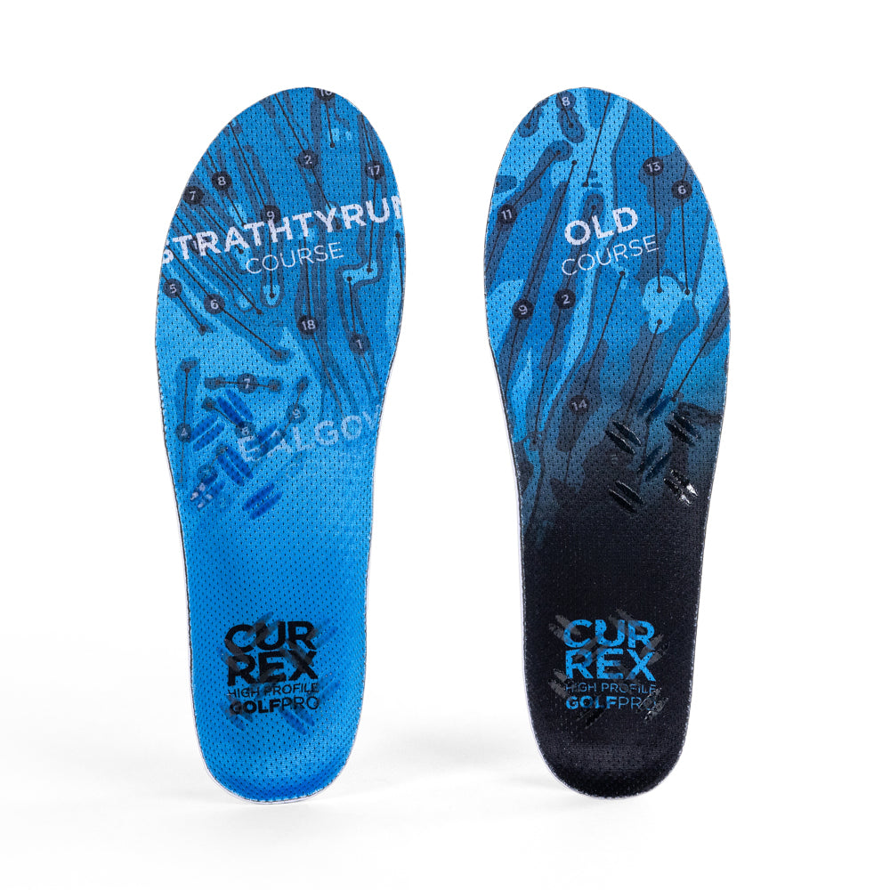 Top view of blue colored GOLFPRO high profile pair of insoles #1-wahle-dein-profil_high