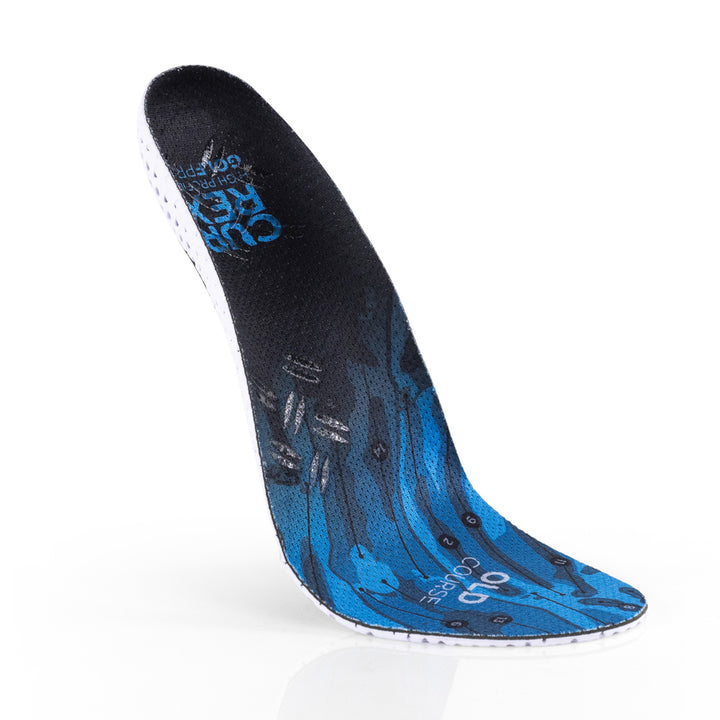 Floating top view of blue colored GOLFPRO high profile insoles with white and black base #1-wahle-dein-profil_high