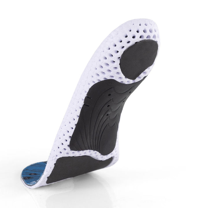 Floating base view of GOLFPRO high profile insoles with black arch support, black heel pad, black forefoot cushioning pad, white and black base #1-wahle-dein-profil_high