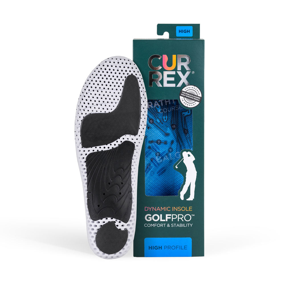 CURREX GOLFPRO insole with white and black base next to dark green box with blue insole inside #1-wahle-dein-profil_high