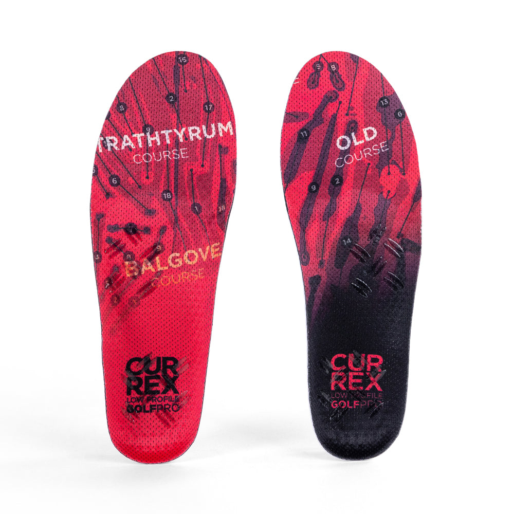 Top view of red colored GOLFPRO low profile pair of insoles #1-wahle-dein-profil_low