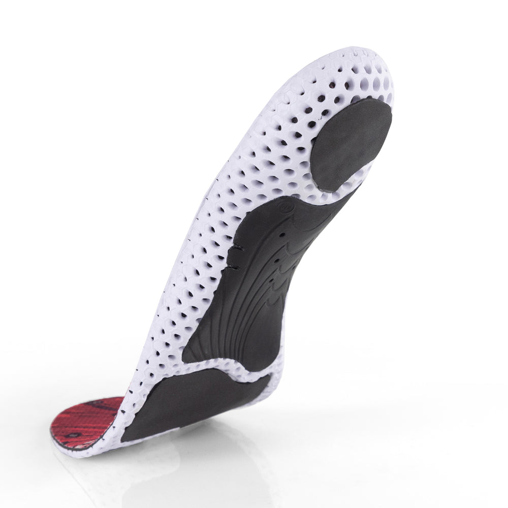 Floating base view of GOLFPRO low profile insoles with black arch support, black heel pad, black forefoot cushioning pad, white and black base #1-wahle-dein-profil_low